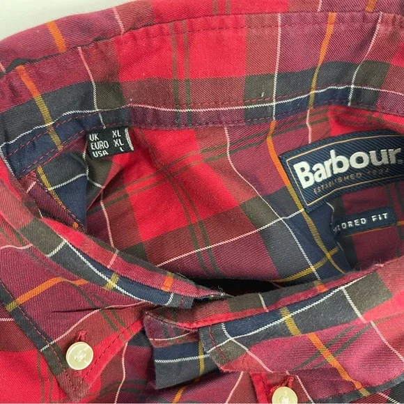 Barbour Wetheram Red Tartan Plaid Button Down Shirt Tailored Fit Mens Size L